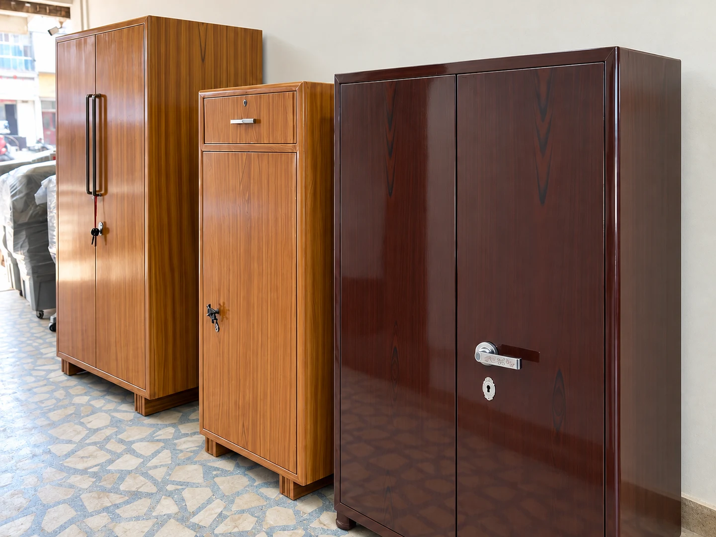 Iron wardrobes displayed in the Batra Steel Furniture showroom