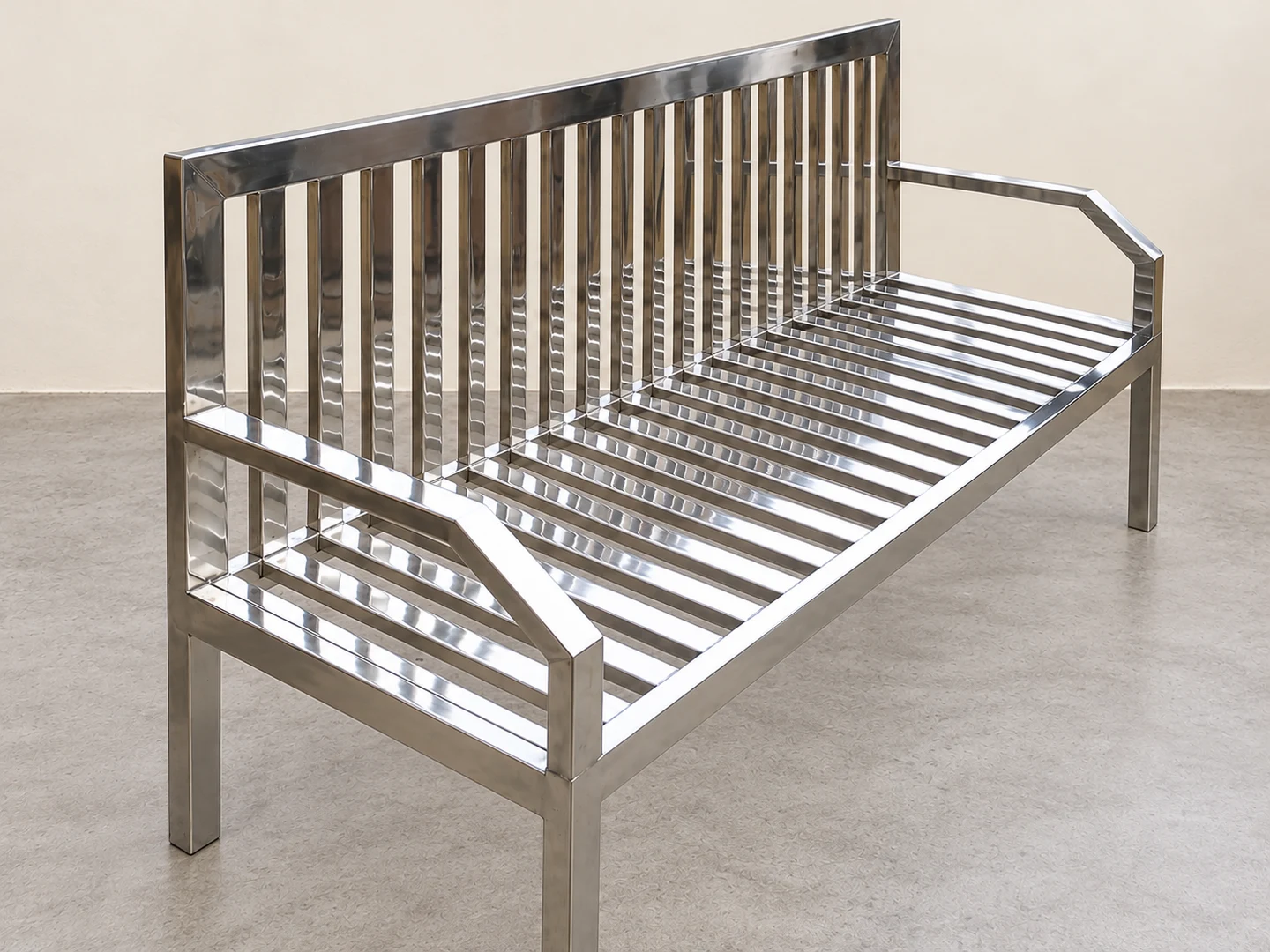 Polished steel bench frame with backrest and armrests