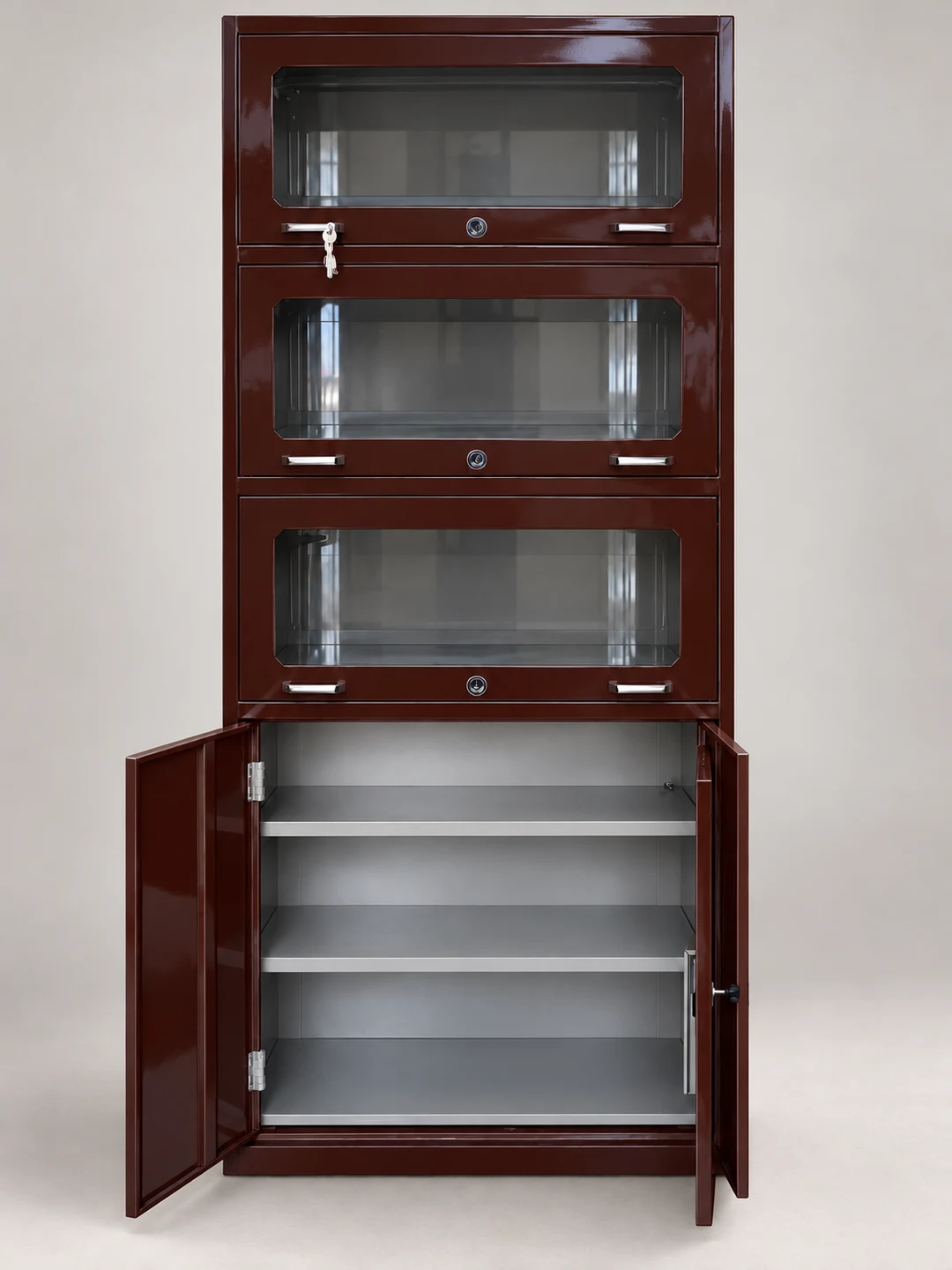 Brown iron glass-front bookshelf with open lower cabinet