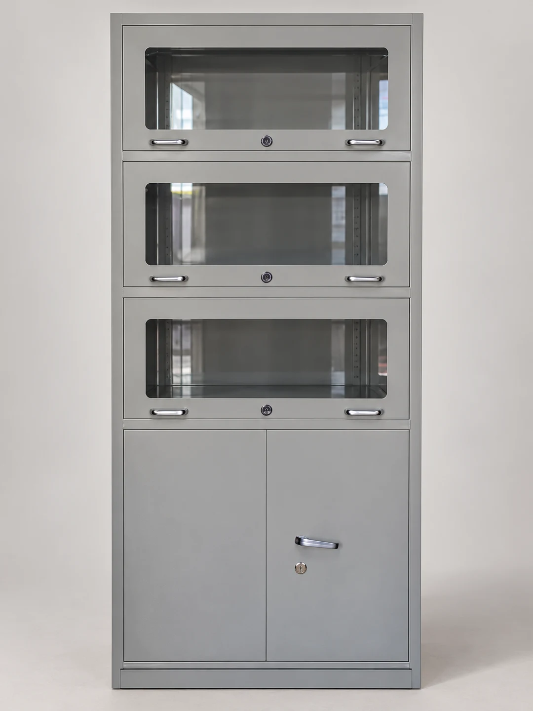 Light grey glass-front bookshelf